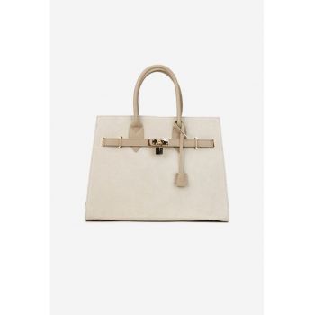 Geanta dama bej cu taupe din piele cu accesoriu lacat