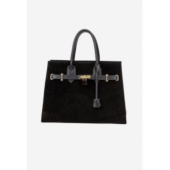 Geanta dama neagra din piele cu accesoriu lacat