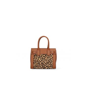 Geanta de piele cu maner si segment de piele intoarsa Oriana Plus - Maro cognac/Multicolor