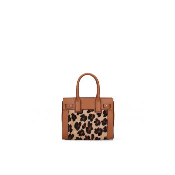 Geanta de piele cu maner si segment de piele intoarsa Oriana Plus - Maro cognac/Negru