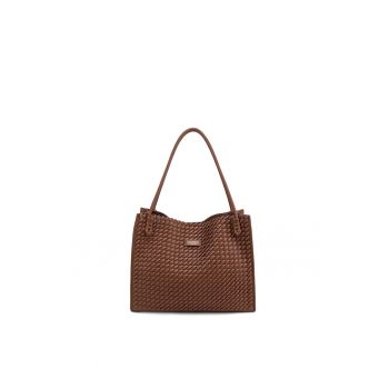 Geanta de piele ecologica cu bareta si aspect tesut Silvana Elite - Caramel