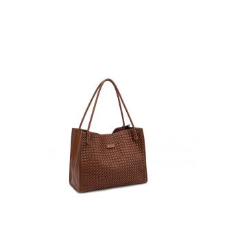 Geanta de piele ecologica cu bareta si aspect tesut Silvana Elite - Caramel