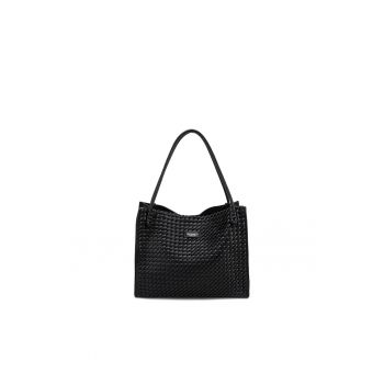 Geanta de piele ecologica cu bareta si aspect tesut Silvana Elite - Negru