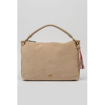 Geanta de piele intoarsa cu maner si canaf Statement - Maro camel