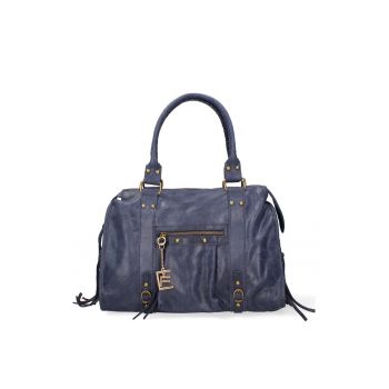 Geanta din piele cu bareta de umar si aplicatii cu franjuri Evanthe Chic - Albastru inchis