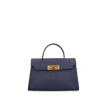 Geanta din piele cu maner si bareta Celestea Lux - Albastru denim