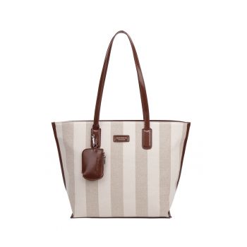 Geanta shopper cu model in dungi Celestea Pro - Maro cognac/Gri