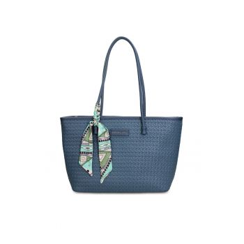 Geanta shopper de piele ecologica cu accesoriu esarfa Emberly Pro - Albastru oceanic