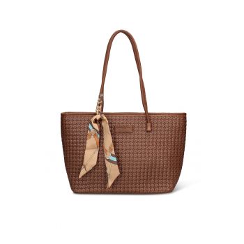 Geanta shopper de piele ecologica cu accesoriu esarfa Emberly Pro - Maro cognac