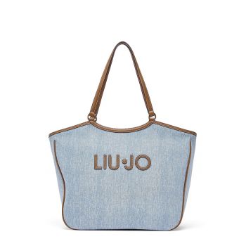 Geanta shopper din denim cu logo - Albastru deschis