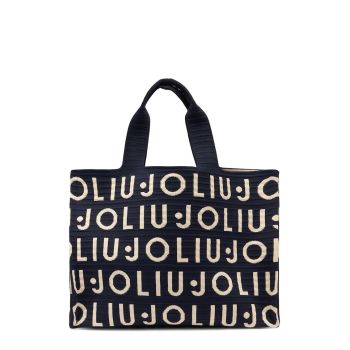 Geanta shopper tricotata cu model logo - Alb/Negru