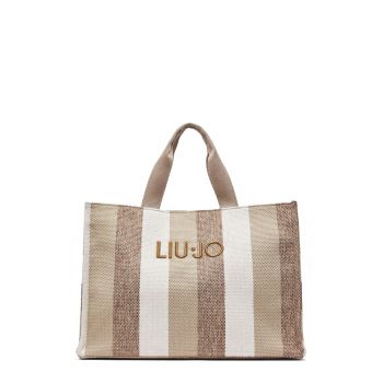 Geanta tote cu model in dungi si logo brodat - Alb/Maro/Bej