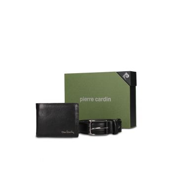 Set de portofel din piele si curea Silvano - Negru
