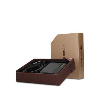 Set de portofel din piele si curea Valerian - Negru
