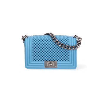 Geanta crossbody cu clapa si maner din lant - Albastru deschis/Argintiu