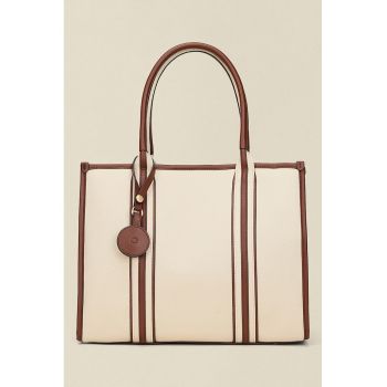 Geanta shopper cu garnituri contrastante - Maro cognac/Crem