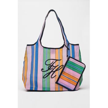 Geanta tote cu model in dungi si etui asortat - Multicolor