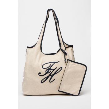 Geanta tote din amestec de in si bumbac cu broderie logo - Negru/Crem