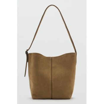 Geanta tote din piele intoarsa - Maro camel
