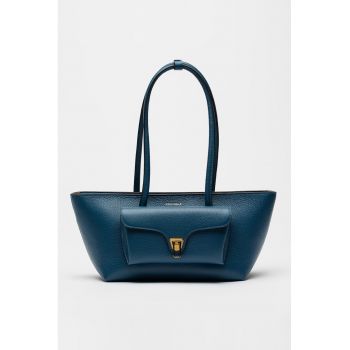 Geanta tote trapezoidala de piele Double Beat - Albastru oceanic