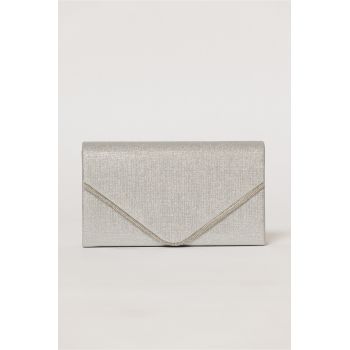 Clutch argintiu elegant cu clapeta decorata cu strasuri