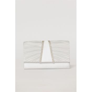 Clutch argintiu satinat decorat cu benzi stralucitoare