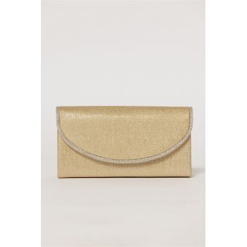 Clutch auriu elegant cu clapeta curbata decorata cu strasuri
