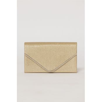 Clutch auriu elegant cu clapeta decorata cu strasuri