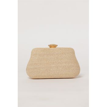 Clutch bej din material textil impletit