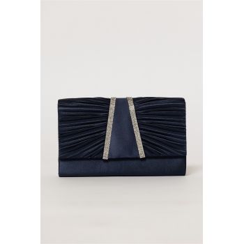 Clutch bleumarin satinat decorat cu benzi stralucitoare