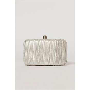 Clutch cu aspect metalic argintiu cu design impletit