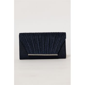 Clutch elegant bleumarin din lurex si detalii plisate