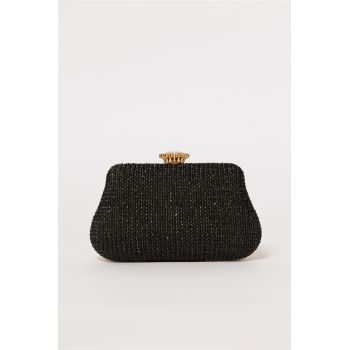 Clutch negru din material textil impletit