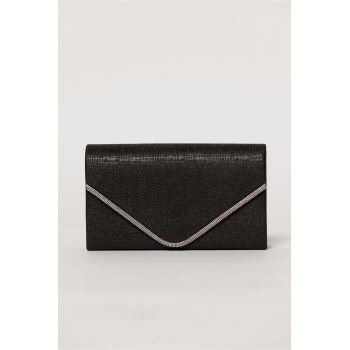 Clutch negru elegant cu clapeta decorata cu strasuri