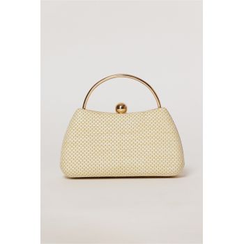 Clutch nude elegant cu maner auriu si design impletit