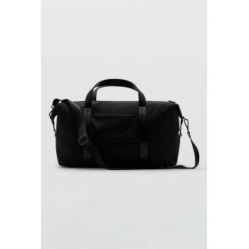 Geanta bowler cu detalii de piele - Negru