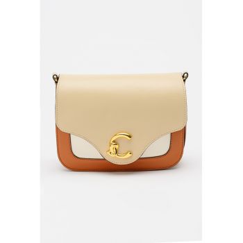 Geanta crossbody de piele cu model colorblock - Alb/Maro cognac/Bej