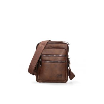 Geanta crossbody din piele ecologica cu buzunare cu fermoar - Maro