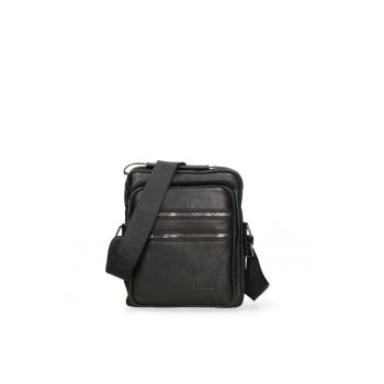 Geanta crossbody din piele ecologica cu buzunare cu fermoar - Negru