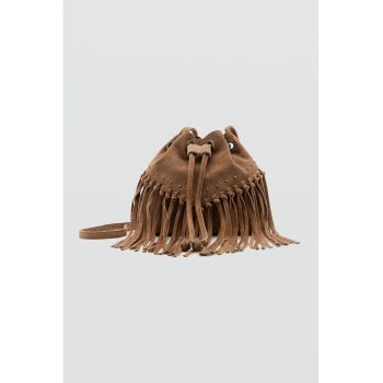 Geanta crossbody din piele intoarsa cu franjuri - Maro