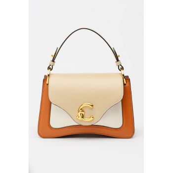 Geanta crossbody mica din piele cu doua compartimente C-ME - Alb/Maro cognac/Bej