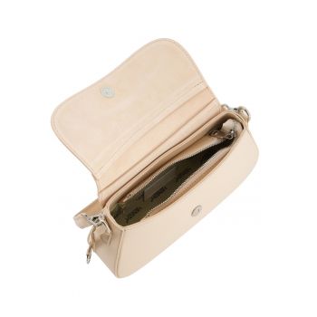 Geanta dama  bagheta piele naturala bej 27x6.5x14cm maner si curea detasabile argintiu