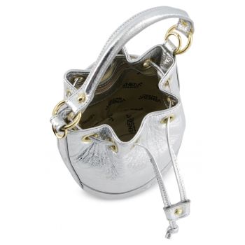 Geanta dama  Bucket argintiu metalizat piele naturala 18x22x12cm