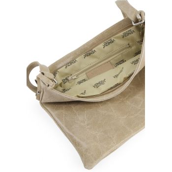 Geanta dama  piele naturala bej cu clapa si curea reglabila 27x32x2cm