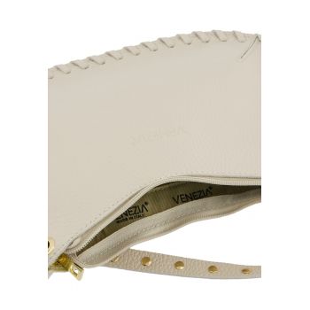 Geanta de umar -  piele naturala bej - detaliu impletit - 27x3x17cm - curea reglabila detachable