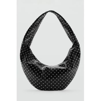 Geanta hobo de piele ecologica cu nituri - Negru