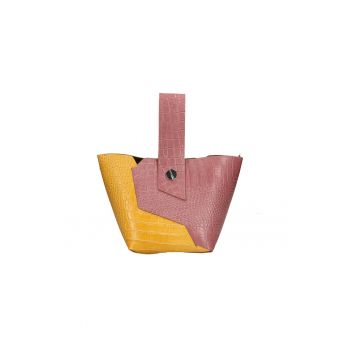 Geanta shopper de piele cu bareta detasabila - Violet/Galben mustar