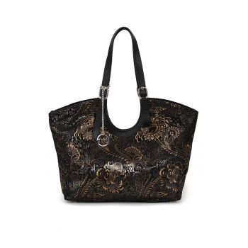 Geanta shopper din piele cu model etnic - Negru/Maro camel