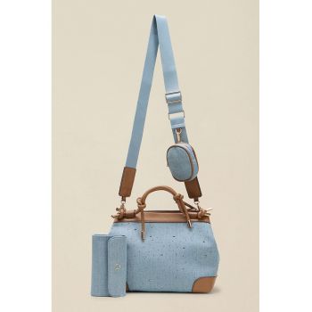 Geanta cu bareta de umar detasabila si etui mic - Albastru pastel/Maro deschis/Argintiu