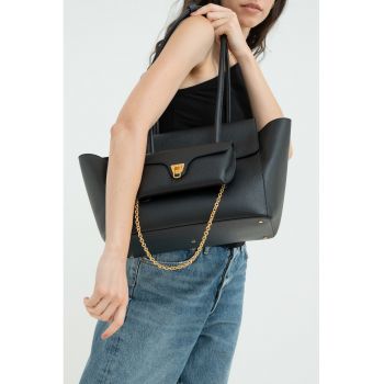 Geanta de piele cu bareta de umar si etui detasabil Double Beat - Negru